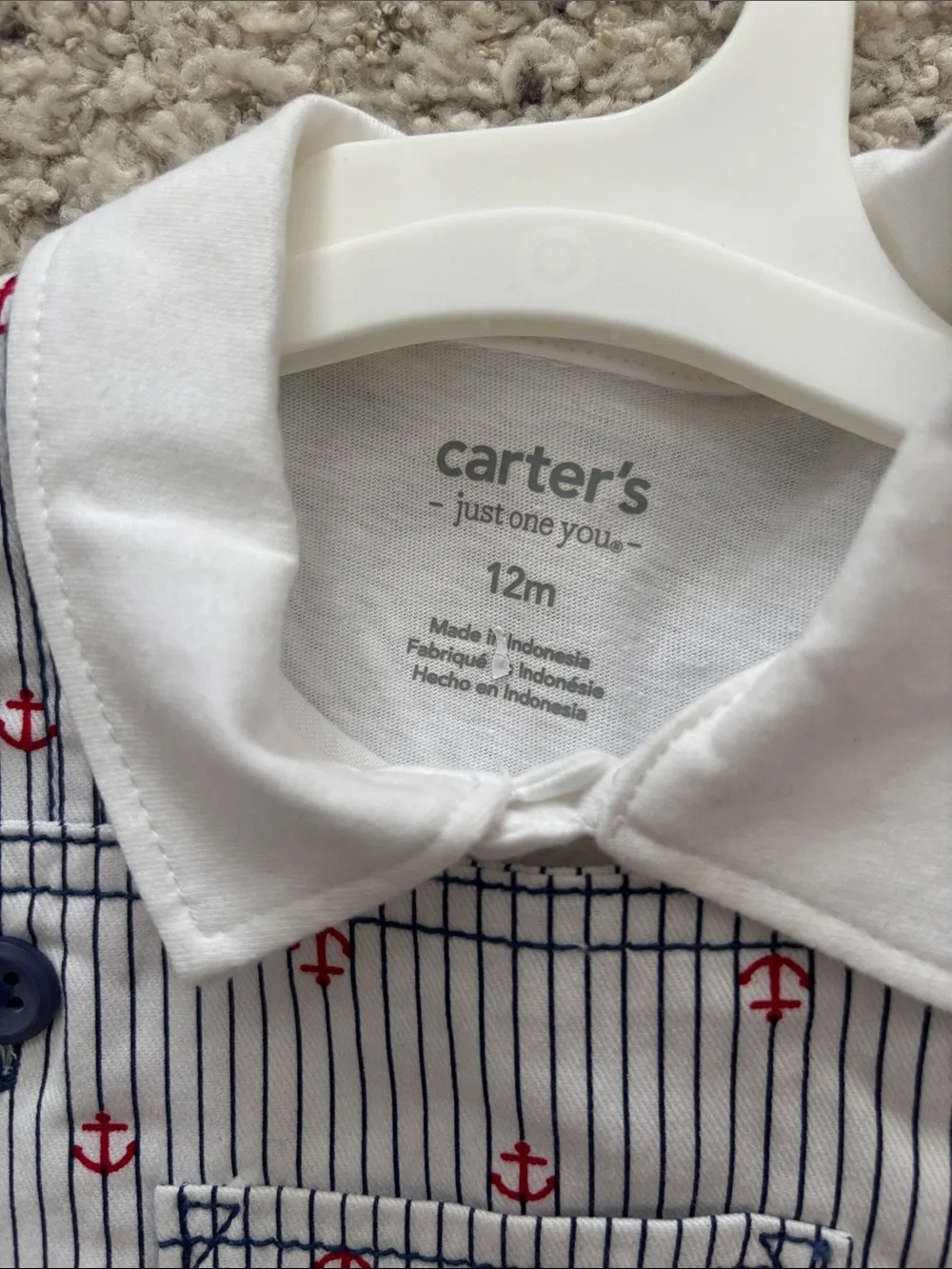 Carter's 12M White Polo Shortall with Navy Pinstripes and Red Anchors